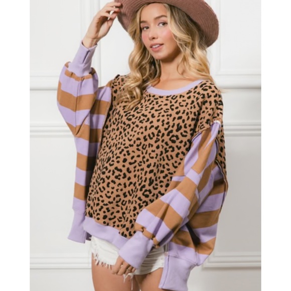 BiBi Leopard and Striped Print Top in Lavender Medium - Picture 2 of 7